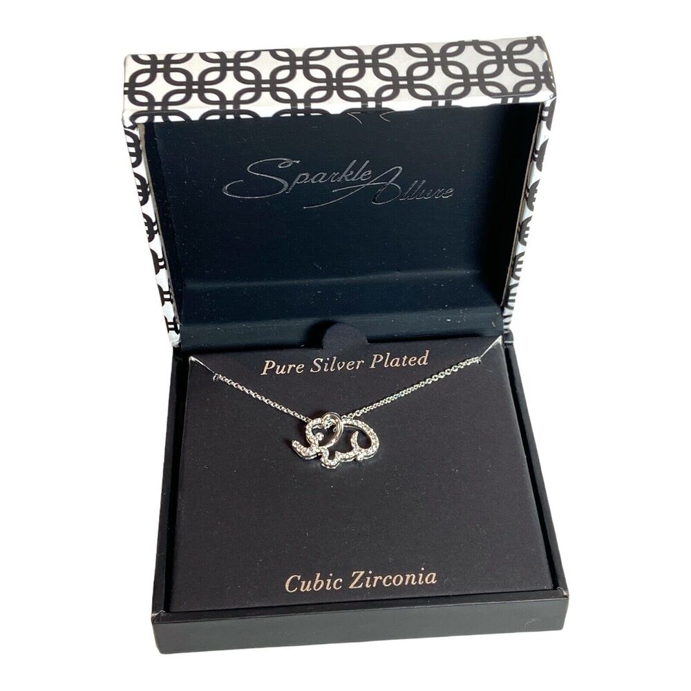 New Elephant Necklace Cubic Zirconia Silver Plate 18” Chain Trunk Up Good Luck